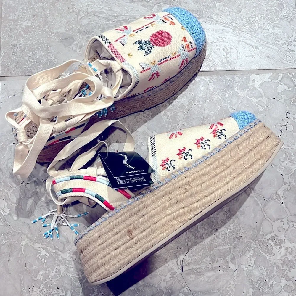 FARM Rio Paradise Bead Embellished Espadrille Platform Shoes, NWT, Size 11